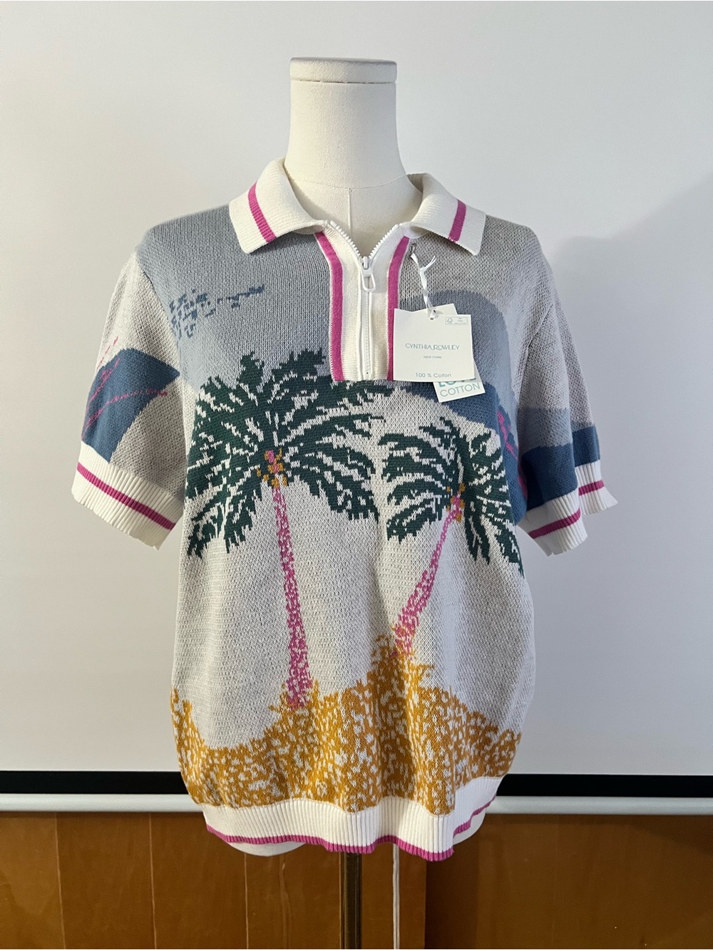 NWT Cynthia Rowley Palm Tree Zip Polo - Gray, Green, Pink size XL